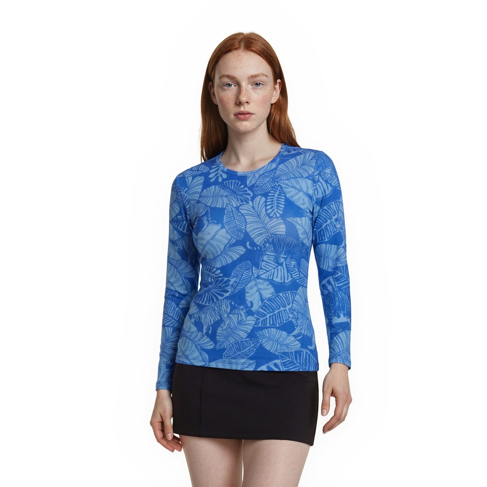 J.McLaughlin Scuba Top Women's Size Small Blue Tropical Tiger Crew Neck 3/4‎ Slv